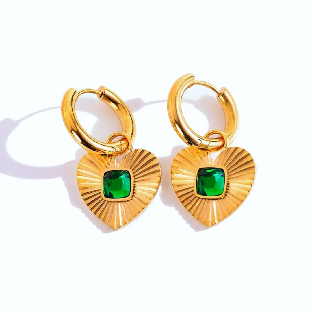 Zarcillos Golden Emerald Hearts