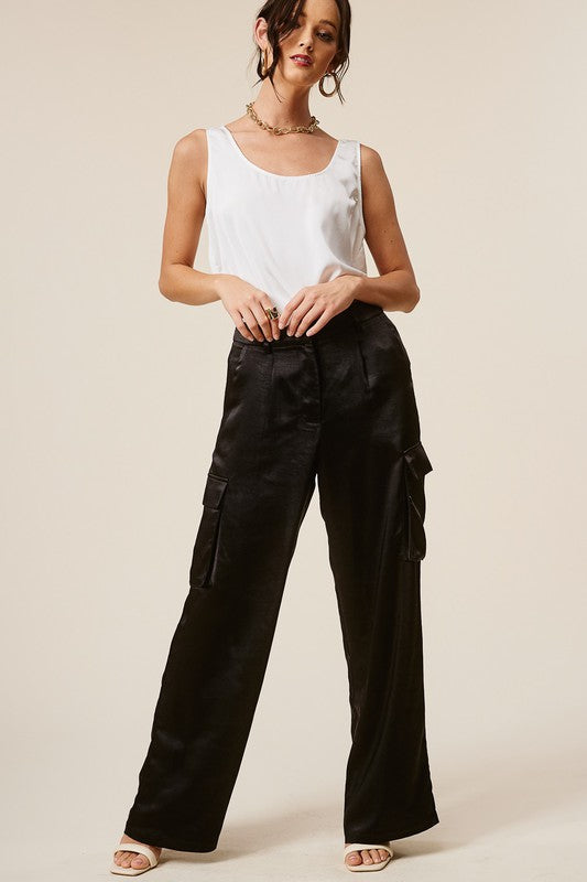 Satin Cargo Pants Black